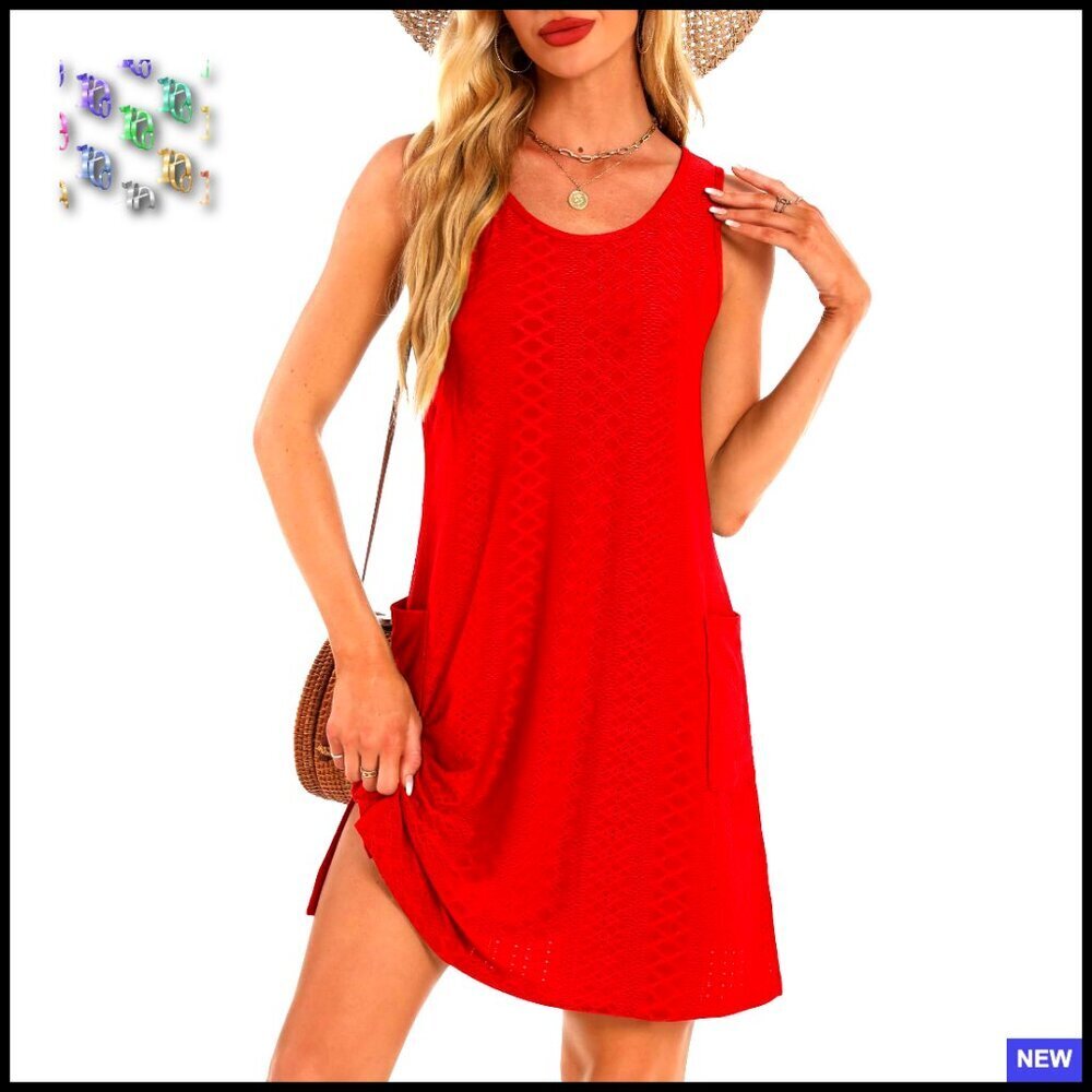 Eyelet Sleeveless Sundress Casual Loose Fit Summer Dress with Pockets
